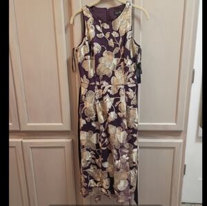 NWT Tahari ASL Petite 2P Plum Gold Embroidered A-Line Cocktail Dress Midi